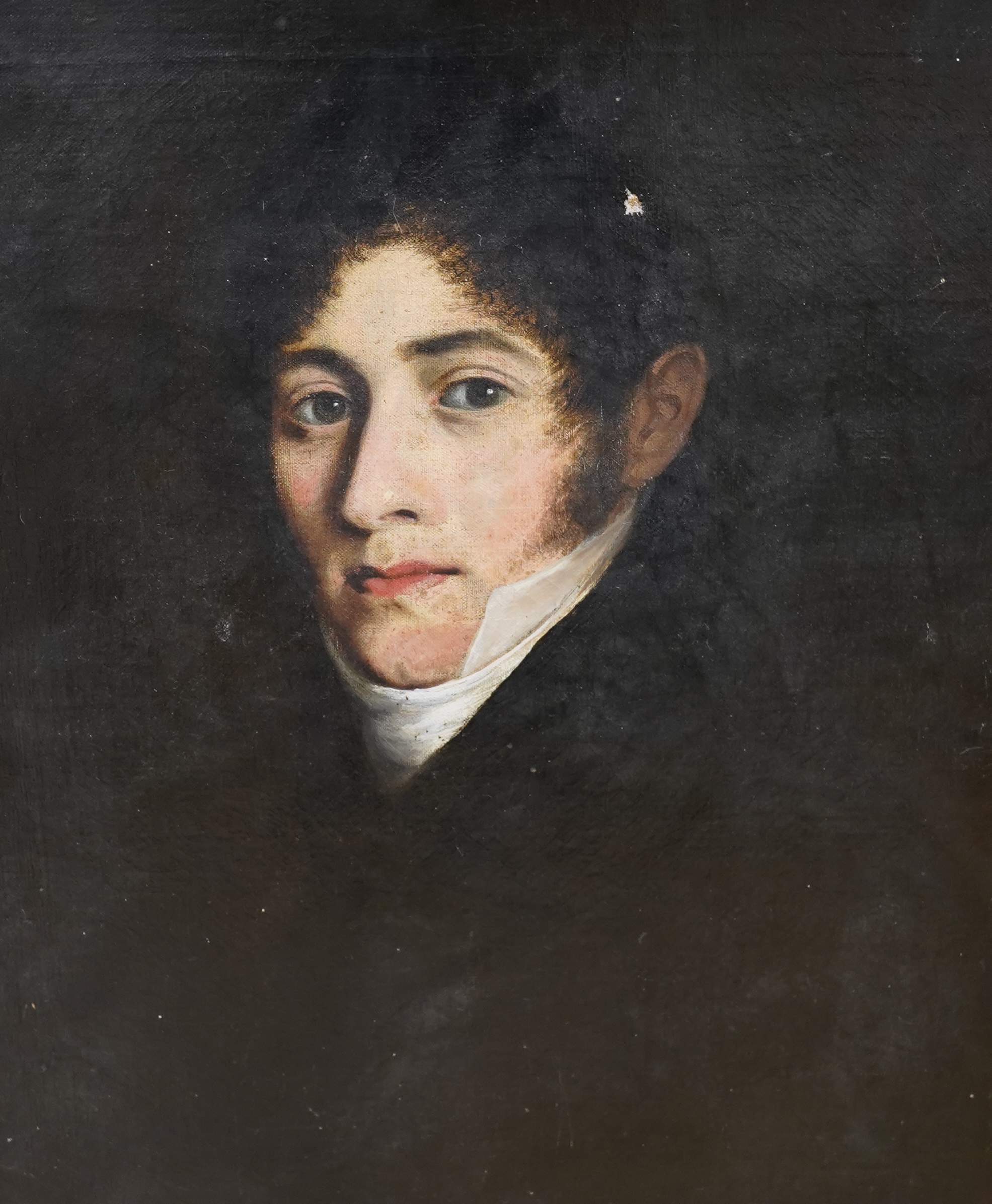 19th century English School, oil on canvas, Head and shoulders portrait of a gentleman wearing a cravat, unsigned, 61 x 47cm, unframed. Condition - fair